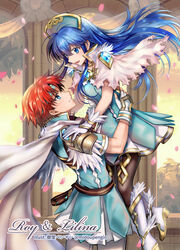  1boy :d armor belt black_legwear blue_dress blue_eyes blue_hair blue_tunic boots brown_belt cape capelet character_name commentary_request couple cowboy_shot dress female fingerless_gloves fire_emblem fire_emblem:_the_binding_blade fire_emblem_heroes gloves headband headdress highres lilina_(fire_emblem) long_hair looking_at_another looking_up md5_mismatch mintes open_mouth pantyhose pauldrons petals red_hair resolution_mismatch roy_(fire_emblem) roy_(resplendent)_(fire_emblem) short_dress short_sleeves shoulder_armor smile source_smaller standing straight tunic white_cape white_capelet white_footwear white_gloves 