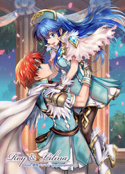  1boy :d armor belt black_legwear blue_dress blue_eyes blue_hair blue_tunic boots brown_belt cape capelet character_name commentary_request couple cowboy_shot dress female fingerless_gloves fire_emblem fire_emblem:_the_binding_blade fire_emblem_heroes gloves headband headdress highres lilina_(fire_emblem) long_hair looking_at_another looking_up mintes open_mouth pantyhose pauldrons petals red_hair roy_(fire_emblem) roy_(resplendent)_(fire_emblem) short_dress short_sleeves shoulder_armor smile standing straight tunic white_cape white_capelet white_footwear white_gloves 