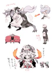  3:4 anthro apron axe blue_eyes blue_hair breasts butler canid canine canis clothing dreamcatcher dress eye_patch eyewear facial_scar felid female fur furniture gilului_the_fortune grey_body grey_fur hair humanoid humanoid_pointy_ears humanoid_to_anthro inufuji japanese_text looking_at_viewer maid_headdress maid_uniform male mammal melee_weapon morning_star multicolored_hair mythological_canine mythological_creature mythology pantherine pink_hair scar serious simple_background sofa text tiger torn_clothing transformation uniform weapon were werecanid werecanine werewolf white_background white_body white_fur white_hair wolf 