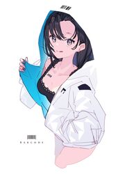  :q barcode black_eyes black_hair blending character_request collarbone copyright_request ear_piercing female hand_in_pocket highres hood hoodie jacket nail_polish open_clothes open_jacket piercing short_hair simple_background solo tongue tongue_out white_background white_jacket yoo_(tabi_no_shiori) 