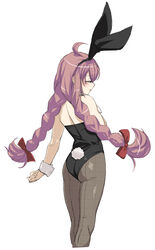  ahoge alternate_costume animal_ears arm_at_side ass back bare_arms bare_shoulders black_hairband black_leotard blush braid clenched_hand closed_eyes collar cropped_legs detached_collar fake_animal_ears fake_tail feet_out_of_frame female fishnets from_behind hair_ribbon hairband hand_on_own_chest highres himuro_lavi leotard long_hair low_twin_braids magia_record:_mahou_shoujo_madoka_magica_gaiden mahou_shoujo_madoka_magica median_furrow pantyhose pink_hair playboy_bunny profile rabbit_ears rabbit_tail red_ribbon ribbon sidelocks simple_background solo strapless strapless_leotard swept_bangs tail twin_braids very_long_hair white_background white_collar wrist_cuffs you2 