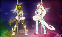  absurd_res african_wild_dog alternative_fashion angels anthro bovid canid canine caprine deer duo female ganguro_(fashion) goat gyaru hair hi_res hime_gyaru j-fashion long_hair long_tail lotus_(lotusgoatess) mammal nikiara_delacroix panty_and_stocking_with_garterbelt pole poles psychorodent tail 