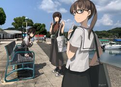  3girls ahoge bag black_hair blunt_bangs blush braid brown_hair c2-chan c2_kikan camera cloud day drinking glasses hair_flaps handbag holding kantai_collection kitakami_(kancolle) leica_(camera) long_hair long_skirt milk_carton multiple_girls necktie off_shoulder outdoors photo_background ponytail red_necktie remodel_(kantai_collection) sailor_collar shadow shigure_(kancolle) shirt short_sleeves sidelocks sitting skirt sky smile standing sugue_tettou tote_bag twitter_username water 