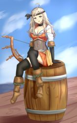  absurdres ahoge barrel blonde_hair boots breasts brigid_(fire_emblem) brigid_(fire_emblem)_(cosplay) brigid_(pirate)_(fire_emblem) cloud cloudy_sky cosplay female fire_emblem fire_emblem_fates fire_emblem_heroes grey_eyes headband highres looking_at_viewer medium_breasts ophelia_(fire_emblem) sky smile thighhighs zipperqr 