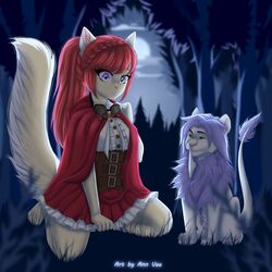  1:1 2018 alternative_fashion annvee anthro ari_(azra3l) belt blouse blue_body blue_fur bottomwear clothed clothing detailed_background digital_media_(artwork) duo eyewear fairy_tales felid feline female feral fina_(azra3l) fingers forest fur goggles grass green_eyes hair hi_res hood j-fashion legwear lion little_red_riding_hood little_red_riding_hood_(copyright) lolita_(fashion) long_hair male male/female mammal moon night outside pantherine panties plant red_hair shirt skirt sky smile star steampunk steampunk_lolita topwear tree underwear white_body white_fur yellow_body yellow_fur 