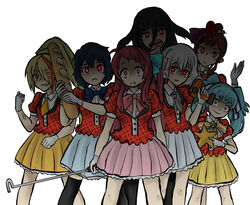  6+girls angry aura baguette black_legwear blonde_hair blue_hair blue_skirt blunt_bangs bow bowtie bread clenched_hands clenched_teeth collared_shirt constricted_pupils cowboy_shot dark_aura enokuma_uuta evil_eyes expressionless eyes_visible_through_hair food gloves glowing glowing_eyes grey_skirt hair_between_eyes hair_ornament hair_ribbon hair_stick hand_up heart heart_hair high_ponytail highres holding holding_food hoshikawa_lily konno_junko light_blue_hair light_green_hair long_hair looking_at_another loose_necktie minamoto_sakura mizuno_ai multicolored_hair multiple_girls neck_ribbon necktie nikaidou_saki open_mouth orange_hair pink_skirt ponytail puffy_short_sleeves puffy_sleeves red_eyes red_hair ribbon shaded_face sharp_teeth shirt short_hair short_sleeves side_ponytail sidelocks skirt smile streaked_hair striped_bow striped_bowtie striped_clothes swept_bangs tatsumi_koutarou teeth thighhighs twintails white_bow white_bowtie white_gloves white_shirt yamada_tae yellow_bow yellow_bowtie yellow_necktie yellow_skirt yuugiri_(zombie_land_saga) zombie_land_saga 