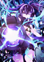  absurdres bikini bikini_top_only black_hair black_rock_shooter black_rock_shooter:_dawn_fall black_rock_shooter_(character) blue_eyes female firing highres looking_at_viewer mikaduki_3636 short_shorts shorts solo swimsuit twintails 