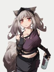  absurdres animal_ear_fluff animal_ears arknights bare_shoulders black_gloves black_skirt bottle closed_mouth collarbone commentary elbow_gloves female fingerless_gloves frostleaf_(arknights) frostleaf_(breaking_the_ice)_(arknights) gloves grey_background grey_hair hand_up highres holding holding_bottle looking_at_viewer purple_shirt red_eyes shirt simple_background skirt sleeveless sleeveless_shirt solo sweat symbol-only_commentary tail togekk0 twintails 