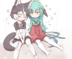  2girls animal_ears bird_tail bird_wings black_hair black_jacket black_skirt blonde_hair closed_eyes commentary_request dog_ears dog_tail dress fur_trim green_dress green_hair green_tail harness head_wings heart highres jacket kemono_friends kolshica long_hair long_sleeves looking_at_another multicolored_hair multiple_girls no_shoes pantyhose pleated_skirt red_dress resplendent_quetzal_(kemono_friends) scarf short_hair short_sleeves siberian_husky_(kemono_friends) sitting skirt sleeveless spoken_heart spoken_zzz tail two-tone_dress vest white_hair white_legwear white_vest wings yellow_eyes zzz 