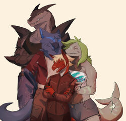  absurd_res alligator alligatorid anthro blazer blonde_hair blue_body blue_fur bottomwear capcom cargo_shorts cetacean clothing crocodile crocodilian crocodylid cutoffs danzer_(reptilligator) dauna_(reptilligator) denim denim_bottomwear denim_clothing digital_media_(artwork) dolphin dragon female fish flying_wyvern fur green_hair grey_body grey_skin group_picture hair hi_res hybrid jacket legwear lizard male mammal marine meme monster_hunter muscular muscular_anthro muscular_male mythological_creature mythological_scalie mythology nargacuga oceanic_dolphin open_mouth overbite ram_(reptilligator) red_body red_scales reptile scales scalie shark shirt shorts silver_warrior08 simple_background smile solo_jazz_pattern tail tank_top teeth toothed_whale topwear underbite vayhl&#039;ayne_(vahlyance) 