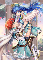  1boy :d armor belt black_legwear blue_dress blue_eyes blue_hair blue_tunic boots brown_belt cape capelet character_name commentary_request couple cowboy_shot dress female fingerless_gloves fire_emblem fire_emblem:_the_binding_blade fire_emblem_heroes gloves headband headdress highres lilina_(fire_emblem) long_hair looking_at_another looking_up mintes open_mouth pantyhose pauldrons petals red_hair roy_(fire_emblem) roy_(resplendent)_(fire_emblem) short_dress short_sleeves shoulder_armor smile standing straight tunic white_cape white_capelet white_footwear white_gloves 