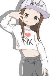  :p aki_(yunkana) baseball_cap brown_eyes brown_hair commentary_request crop_top female grey_pants hat highres i_heart... karakai_jouzu_no_takagi-san long_hair looking_at_viewer midriff navel pants shirt simple_background solo streetwear takagi-san tongue tongue_out w white_background white_hat white_shirt 