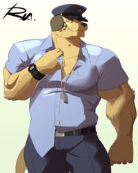  4:5 anthro biceps canid canine canis clock clothing domestic_dog facial_tattoo fur hi_res lifewonders male mammal muscular muscular_anthro muscular_male nobumichi_(tas) pecs police police_hat police_uniform reclamon simple_background solo tattoo tokyo_afterschool_summoners uniform watch whistle_(object) white_background wristwatch yellow_body yellow_fur 