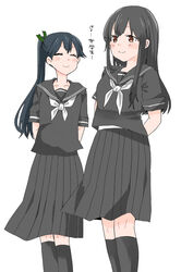  2girls akagi_(kancolle) alternate_costume arms_behind_back black_hair black_legwear black_serafuku black_skirt blue_hair blush brown_eyes closed_eyes commentary_request facing_another feet_out_of_frame green_ribbons hair_ribbon highres houshou_(kancolle) kantai_collection kneehighs long_hair long_skirt multiple_girls neckerchief ponytail ribbon sailor_collar school_uniform serafuku simple_background skirt smile socks white_background yoichi_(umagoya) 