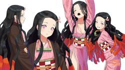  :t arms_behind_back arms_up asa_no_ha_(pattern) bamboo bit_gag black_hair blush breasts carlo_montie checkered_sash claws cleavage closed_eyes commentary female gag gag_around_neck grin hair_ribbon highres japanese_clothes kamado_nezuko kimetsu_no_yaiba kimono long_hair looking_at_viewer multicolored_hair multiple_views obi open_mouth parted_lips pink_eyes pink_kimono pink_ribbon pout profile purple_eyes red_hair ribbon sash simple_background smile standing two-tone_hair unworn_gag very_long_hair white_background 