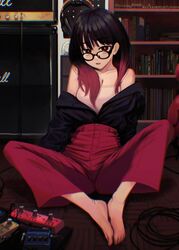  amplifier bare_shoulders barefoot black_hair book bookshelf breasts butterfly_sitting cable check_copyright chromatic_aberration collarbone copyright_request dot_(reze_(rewindze)) effects_pedal female glasses gradient_hair guitar headphones highres instrument jacket knees_apart_feet_together large_breasts long_hair looking_at_viewer marshall_amplification multicolored_hair on_floor open_mouth original pants pedal_board pink_hair red_eyes reze_(rewindze) sitting solo speaker stereo toes unworn_jacket wire 