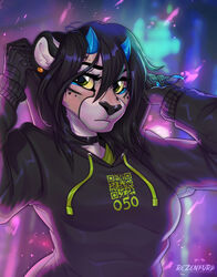  2021 5_fingers anthro black_hair black_nose breasts cheetah clothed clothing digital_media_(artwork) ear_piercing ear_ring eyebrows eyelashes felid feline female fingers hair hi_res hoodie horn hybrid kris_(excitedcargoyle) mammal piercing qr_code ring_piercing solo text text_on_clothing text_on_hoodie text_on_topwear tlt_echelon topwear 