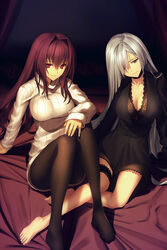  2girls arm_support barefoot bed black_dress breasts brynhildr_(fate) choker cleavage collarbone cropped dress fate/empire_of_dirt fate/grand_order fate_(series) feet grey_hair hair_intakes hair_over_one_eye head_tilt highres kawanakajima large_breasts long_hair long_sleeves looking_at_viewer multiple_girls non-web_source pantyhose photoshop_(medium) purple_eyes purple_hair red_eyes ribbed_sweater scathach_(fate) seamed_legwear sitting smile sweater thigh_strap turtleneck turtleneck_sweater very_long_hair yokozuwari 