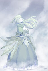  armor armored_dress broken_horn dragon dragon_girl dress genderswap_(mtf) green_eyes highres horns long_skirt monster_girl okamura_(okamura086) paarthurnax personification rule_63 skirt snowing spikes the_elder_scrolls the_elder_scrolls_v:_skyrim torn_clothes torn_dress white_hair wings 