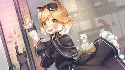  animal_ears arknights blonde_hair blush buttons capelet cat_ears cat_girl commentary_request dress dress_shirt feline female frilled_skirt frills green_eyes hat hellnyaa highres indoors long_sleeves looking_to_the_side mini_hat mousse_(arknights) multicolored_hair multiple_tails scratching scratching_post shirt skirt solo surprised tail thighhighs translation_request two_tails upper_body 