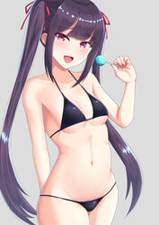  :d arm_behind_back bare_shoulders bikini black_bikini blunt_bangs blush breasts candy collarbone commentary_request cowboy_shot female food furutori groin hair_ribbon hand_up head_tilt highres holding holding_candy holding_food holding_lollipop lollipop long_hair looking_at_viewer lowleg lowleg_bikini navel oerba_yun_fang open_mouth original pink_nails purple_eyes purple_hair ribbon shiny_clothes sidelocks simple_background small_breasts smile solo standing string_bikini swimsuit twintails underboob very_long_hair 