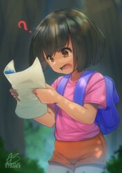  ? absurdres acrylicstroke animification artist_name backpack bag being_lost black_hair blunt_bangs blurry blurry_background brown_eyes commentary confused dark-skinned_female dark_skin dora_marquez dora_the_explorer english_commentary female forest highres holding holding_map lolicon lost_child map nature open_mouth orange_shorts pink_shirt rainforest shirt short_hair short_sleeves shorts solo standing tears 