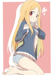  absurdres ass barefoot blonde_hair blush bra bural_chingu commentary feet female from_side full_body hair_between_eyes highres jacket korean_commentary lee_ji-min long_hair looking_at_viewer luke_(dydansgur) panties red_eyes smile solo striped_clothes striped_panties underwear 