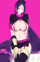  absurdly_long_hair absurdres bikini blush boots breasts cleavage commentary cosplay cowboy_shot fate/grand_order fate_(series) female florence_nightingale_(fate) florence_nightingale_(fate)_(cosplay) florence_nightingale_(trick_or_treatment)_(fate) florence_nightingale_(trick_or_treatment)_(fate)_(cosplay) gloves green_bikini green_gloves green_thighhighs hat highres kurogiri large_breasts layered_bikini long_hair looking_at_viewer low-tied_long_hair minamoto_no_raikou_(fate) navel official_alternate_costume parted_bangs pink_background purple_eyes purple_hair revealing_clothes seductive_smile shrug_(clothing) simple_background skirt smile solo swimsuit thighhighs very_long_hair 