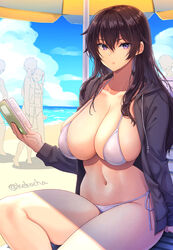  beach bikini blush book breasts brown_hair cleavage cloud cloudy_sky collarbone female grey_jacket highres jacket kekocha large_breasts long_hair looking_at_viewer navel open_clothes open_jacket original outdoors purple_eyes side-tie_bikini_bottom sky solo_focus swimsuit thighs twitter_username white_bikini 