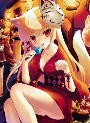  :p bell blonde_hair cat_eyes cat_pose cleavage festival fox_tail hair_ribbon high_res jingle_bell kemonomimi kimono kitsune_mask kitsunemimi licking mask minamura_haruki oppai orange_eyes ribbon solo sweatdrop tail tongue wafuku 