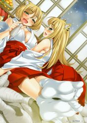  blonde_hair blush breasts drunk feet green_eyes high_res kemonomimi kure_masahiro large_breasts long_hair maiden miko oerba_yun_fang oppai sake short_hair tabi 