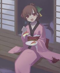  95 95-tan apple_bunny apples blood brown_hair food hair_ribbon happy kashiwamochi_yomogi kimono os os-tan ponytail ribbon sitting 