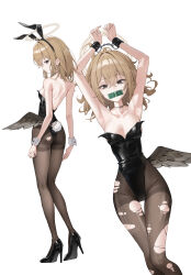  absurdres animal_ears arms_up black_leotard black_pantyhose breasts broken_halo brown_hair cuffs fallen_angel feathered_wings female gag hair_between_eyes halo high_heels highleg highleg_leotard highres improvised_gag leotard looking_at_viewer low_wings mansu_(user_pnmp4287) medium_hair multiple_views neck_tattoo original pantyhose playboy_bunny rabbit_ears rabbit_tail single_wing small_breasts strapless strapless_leotard tail tape tape_gag tattoo white_background wings 