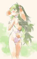  animal_ears ass bare_arms bare_legs blush brown_hair embarrassed fake_animal_ears fake_tail female from_behind green_eyes green_hair hiyajou_maho leotard long_hair looking_back profile rabbit_ears rabbit_tail rocni shoulder_blades solo standing steins;gate steins;gate_0 sweatdrop tail thigh_gap very_long_hair watermark white_leotard wrist_cuffs 