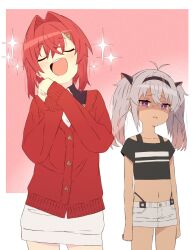  2girls akitetsu ange_katrina black_panties blush cardigan closed_eyes dark-skinned_female dark_skin disdain flat_chest grey_hair highres long_hair matsukai_mao multiple_girls navel nijisanji open_mouth panties panty_straps purple_eyes red_cardigan red_hair short_hair short_shorts shorts smile sparkle twintails underwear virtual_youtuber 