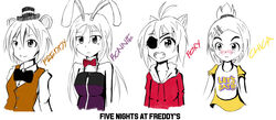  4girls animal_ears antenna_hair bear_ears blush bonnie_(fnaf) bow bowtie character_name chica clothes_writing collarbone commentary copyright_name detached_collar english_commentary english_text expressionless eyepatch fangs five_nights_at_freddy&#039;s five_nights_at_freddy&#039;s_1 fox_ears foxy_(fnaf) freckles freddy_fazbear genderswap_(mtf) hair_between_eyes hair_ornament hairclip half_updo hat high_ponytail highres keramatzmode long_hair long_sleeves multiple_girls open_mouth parted_bangs partially_colored personification puffy_short_sleeves puffy_sleeves rabbit_ears rule_63 short_hair short_ponytail short_sleeves simple_background sleeveless smile tareme upper_body vest white_background 