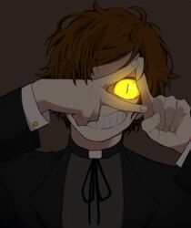  1boy bill_cipher bipper brown_hair colored_sclera commentary dipper_pines eye_focus glowing glowing_eye gravity_falls grey_background grin male_focus one_eye_covered personification possessed priest simple_background slit_pupils smile symbol-only_commentary yellow_sclera 