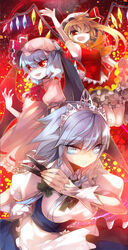  3girls asamiyajy bat_wings blonde_hair blue_eyes blue_hair braid commentary flandre_scarlet hat izayoi_sakuya knife multiple_girls one_eye_closed photoshop_(medium) red_eyes remilia_scarlet serious short_hair smile touhou twin_braids wings wrist_cuffs 