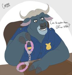  anthro bovid bovine cape_buffalo capriosci chair chief_bogo clothing cuff_(restraint) dialogue disney english_text furniture handcuffs horn lilbocreeps male mammal metal_cuffs police police_officer police_uniform restraints shackles simple_background solo text uniform zootopia 