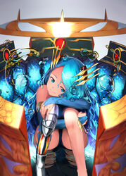  armor bad_id bad_pixiv_id blue_eyes blue_hair bubble commentary_request female gochiwa hair_ornament highres leotard long_hair puzzle_&amp;_dragons scheat_(p&amp;d) sitting smile solo 