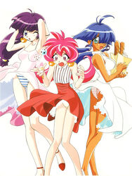  1990s_(style) 3girls :o aqua_eyes arms_up ass bag baguette bare_legs blue_hair blue_panties bread cacao_(lamune) checkered_clothes checkered_panties crotch_seam dark-skinned_female dark_skin dress earrings food grocery_bag ice_cream_cone jewelry layered_skirt long_hair multiple_girls official_art one_eye_covered open_mouth panties parfait_(lamune) photoshop_(medium) pink_eyes pink_hair pink_panties purple_hair retro_artstyle shopping_bag simple_background skirt spaghetti_strap striped_clothes striped_panties sundress underwear vertical_stripes vs_knight_lamune_&amp;_40_fire white_background white_panties wind wind_lift 