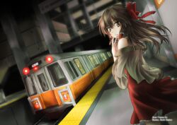  artist_name bare_shoulders boston bow brown_eyes brown_hair commentary_request female freeze-ex hair_tubes hairbow hakurei_reimu long_hair looking_back red_bow solo standing subway tactile_paving touhou train train_station united_states 