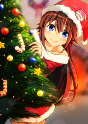  blue_eyes brown_hair christmas christmas_tree commentary_request female hat long_hair original santa_hat solo takamine_kokone takamine_tsukumo 