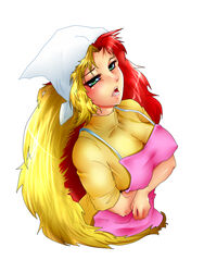  apron blonde_hair blush breasts chara_soon commentary_request crossed_arms eyelashes female green_eyes gundam gundam_zz headdress large_breasts long_hair multicolored_hair nabe_(ingenmame) red_hair shirt solo split-color_hair t-shirt two-tone_hair 