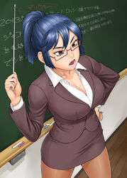  bang-you blue_hair breasts brown_eyes chalk chalkboard classroom cleavage commentary_request female floor formal glasses hand_on_own_hip highres holding jacket large_breasts looking_away mature_female office_lady open_mouth original pantyhose pencil_skirt pointer ponytail red-framed_eyewear semi-rimless_eyewear short_hair skirt skirt_suit solo suit teacher teeth text_focus thighs tight_clothes unbuttoned wall 