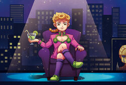  1boy backdrop bad_id bad_pixiv_id blonde_hair braid chair crossed_legs cup drink drinking_straw food fruit full_body g3_(333413) giorno_giovanna glass gold_experience holding holding_cup jojo_no_kimyou_na_bouken lime_(fruit) male_focus photoshop_(medium) shoes shorts sitting socks solo stage stage_lights vento_aureo yellow_eyes 