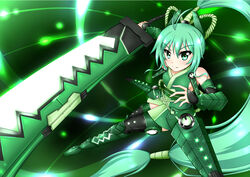  armor commentary_request female gauntlets glowing green_eyes green_hair long_hair solo sword unico_kasumi vividgreen vividred_operation weapon 