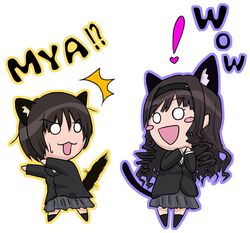  2girls :3 amagami animal_ears black_hair blush_stickers cat_ears cat_tail chibi commentary_request drill_hair hairband kibito_high_school_uniform kurohime_kiryuu long_hair long_sleeves morishima_haruka multiple_girls o_o pleated_skirt school_uniform short_hair skirt socks tachibana_miya tail 