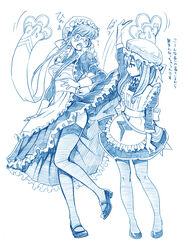  2girls :o aoki_hagane_no_arpeggio bbb_(friskuser) blue_theme blush clothes_lift commentary_request dress_flip garter_straps glasses hat highres long_hair maid mary_janes md5_mismatch mob_cap monochrome multiple_girls photoshop_(medium) repulse_(aoki_hagane_no_arpeggio) shoes simple_background skirt skirt_lift surprised thighhighs traditional_media translation_request vampire_(aoki_hagane_no_arpeggio) white_background 