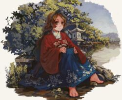  bad_id bad_pixiv_id barefoot brown_eyes brown_hair chinese_clothes feet female hanfu japanese_clothes long_hair long_skirt nature original pvmivs sitting skirt smile solo tree 